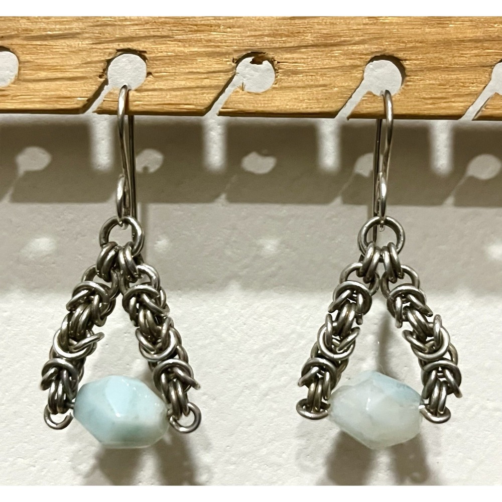 Sterling Silver Chain Blue Chalcedony Stone French Wire Artisan Dangle Earrings
